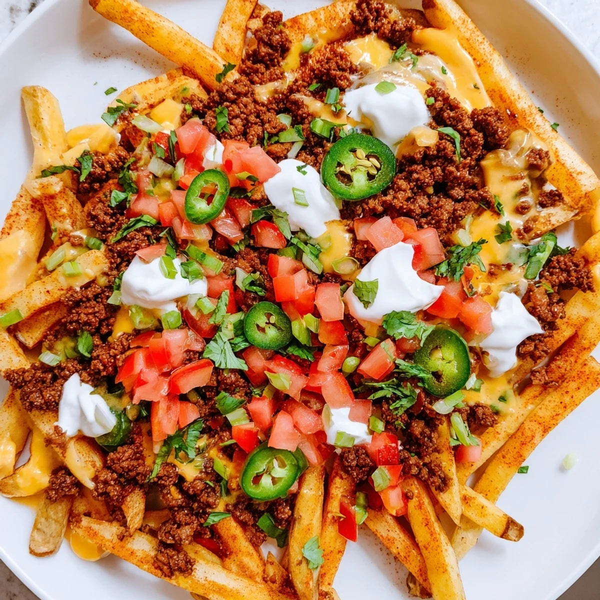 Loaded Nacho Fries with Queso and Beef served on a platter with sour cream and green onions.