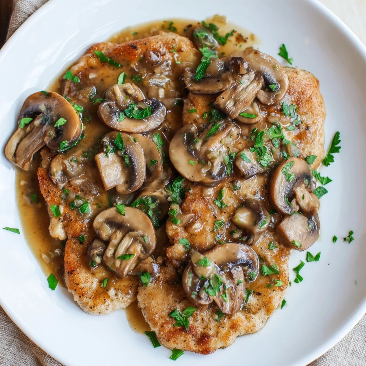 Golden-brown chicken breasts simmered in a rich Marsala wine sauce with sautéed mushrooms and fresh parsley garnish.  