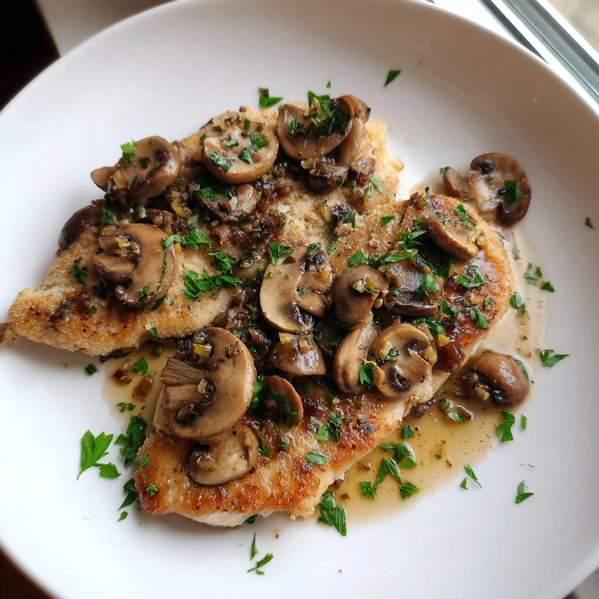 Tender chicken Marsala topped with earthy mushrooms and chopped parsley, served with lemon wedges for a bright finish.  