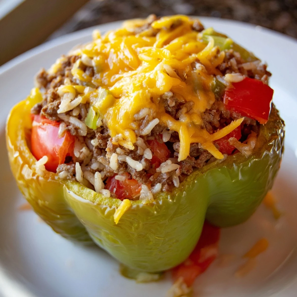A close-up of Creole Stuffed Peppers with Rice and Beef, garnished with fresh parsley and served hot.