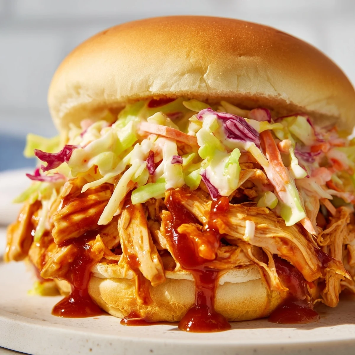 Delicious Pulled Chicken Sandwiches with Slaw served on a toasted bun for a casual lunch.