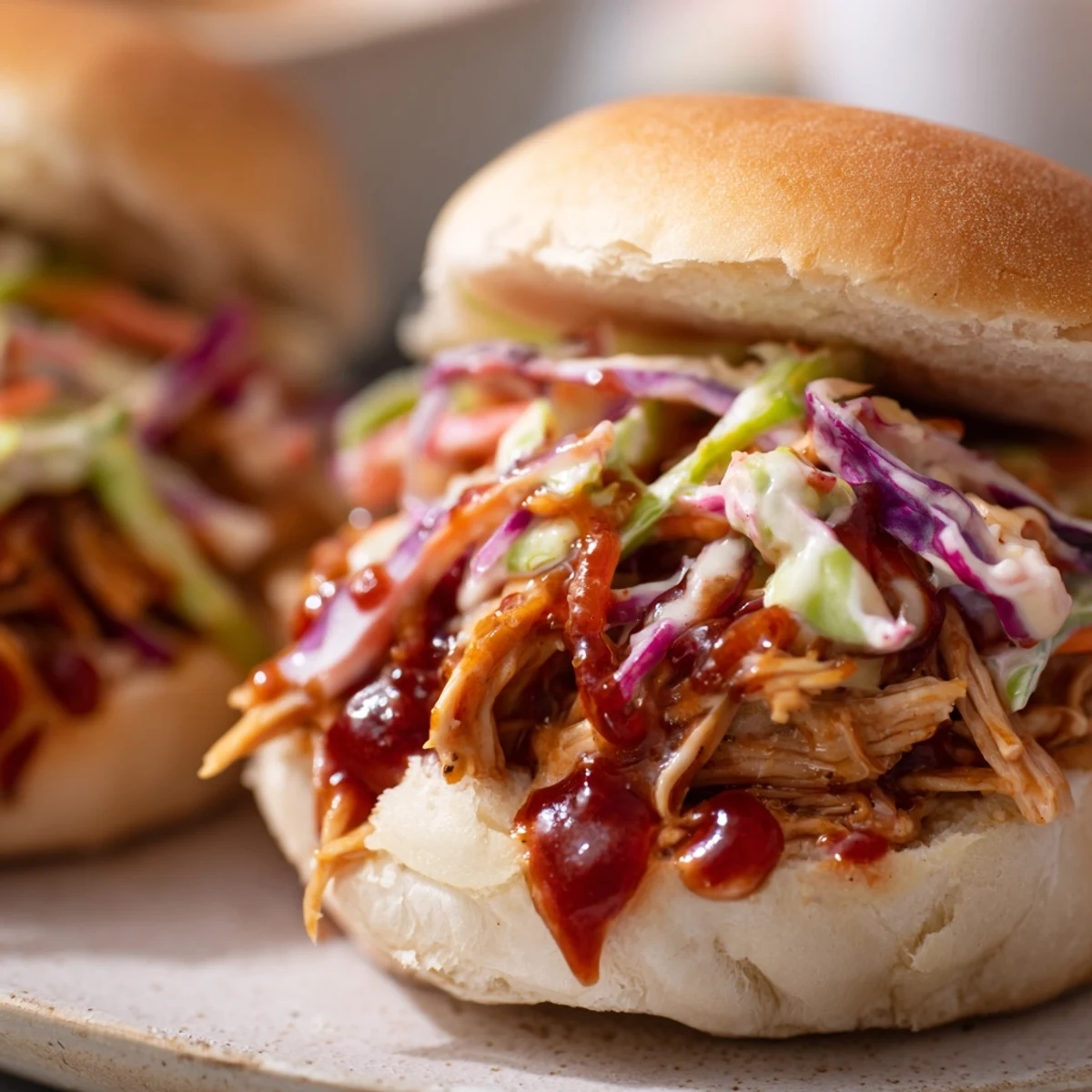 Pulled Chicken Sandwiches with Slaw piled high with tender meat and crunchy cabbage topping.