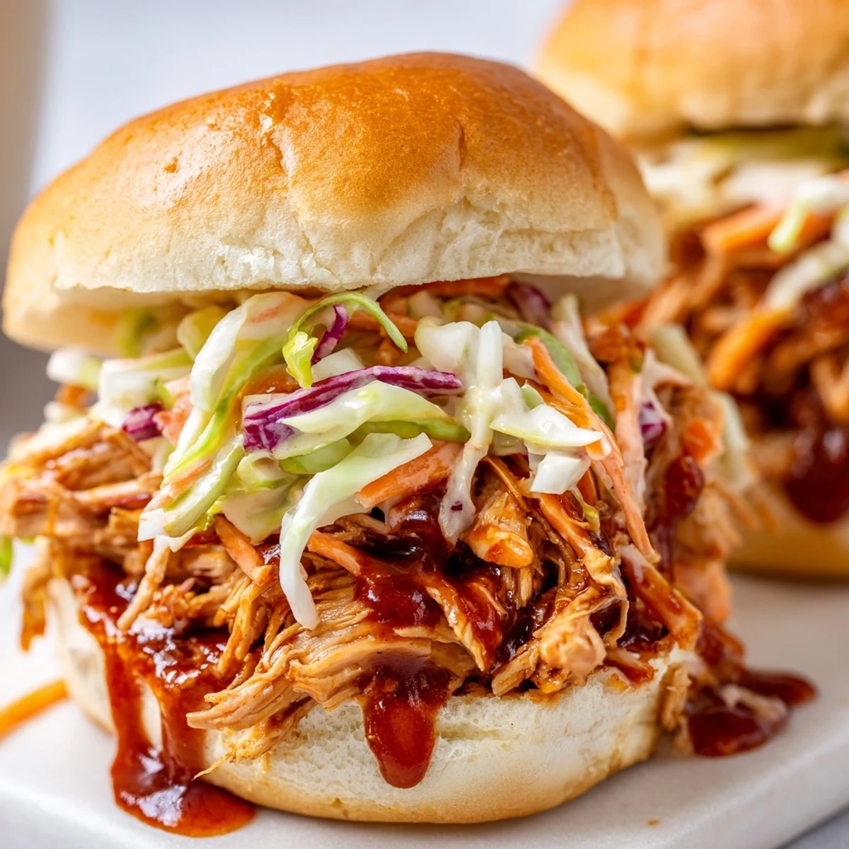 Savory Pulled Chicken Sandwiches with Slaw, featuring tangy barbecue sauce and fresh slaw on soft buns.