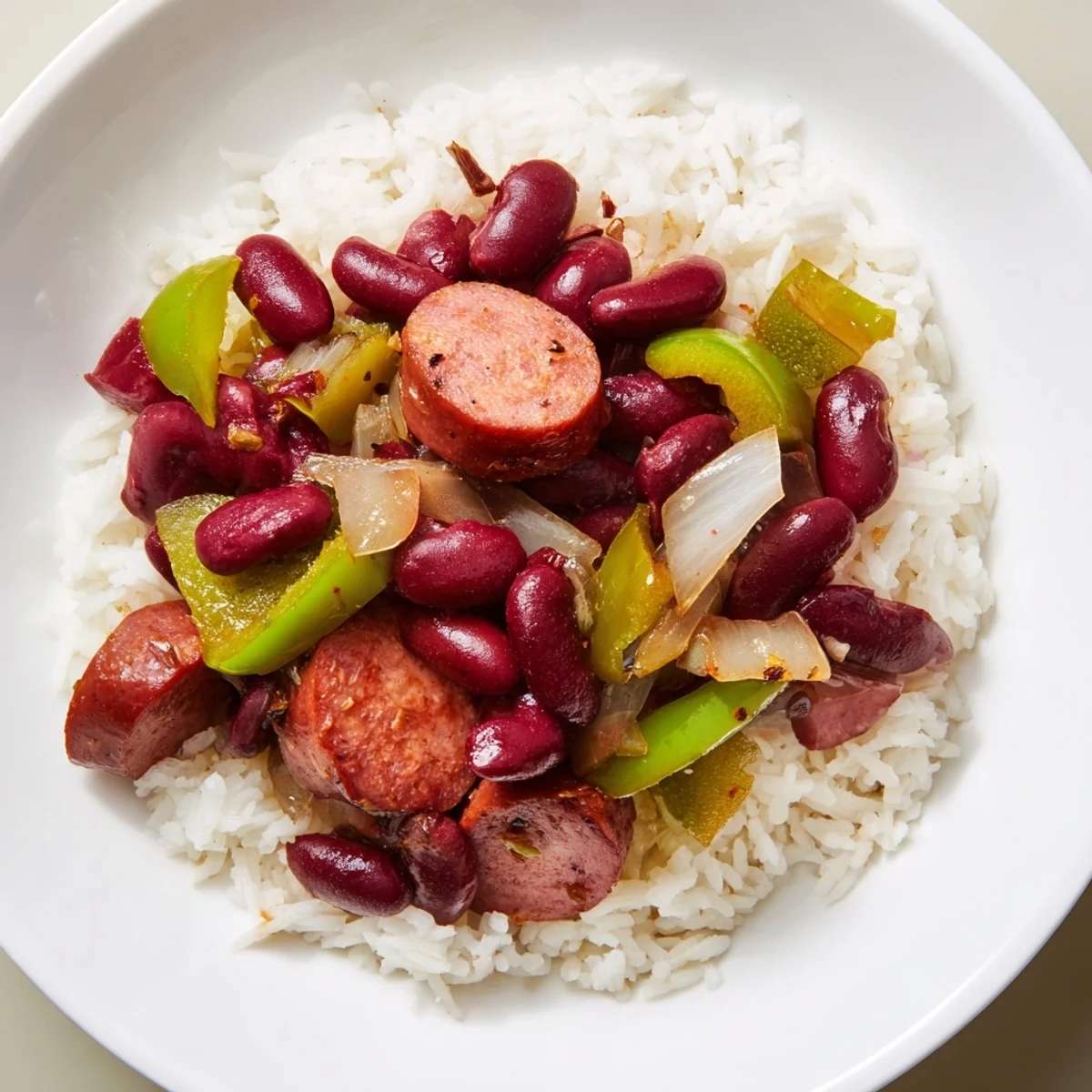 Fork-tender red beans and rice with beef sausage steaming on a plate, garnished with fresh green onions for a classic Creole dinner. 
