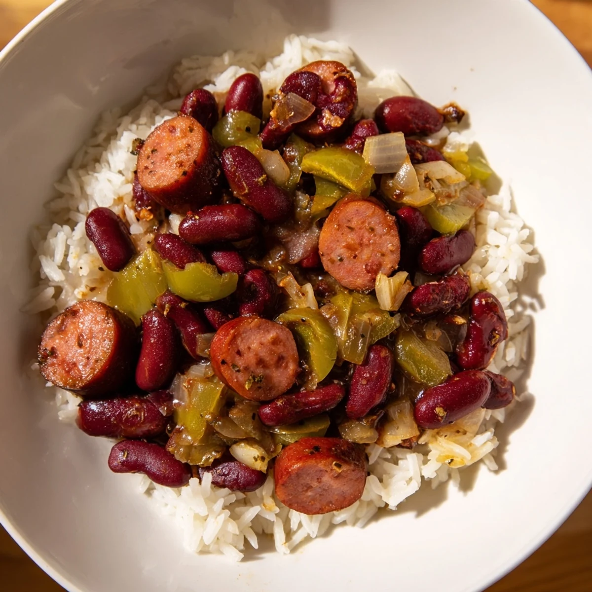 A hearty bowl of red beans and rice with beef sausage, flecked with bell pepper and celery over fluffy white rice. 