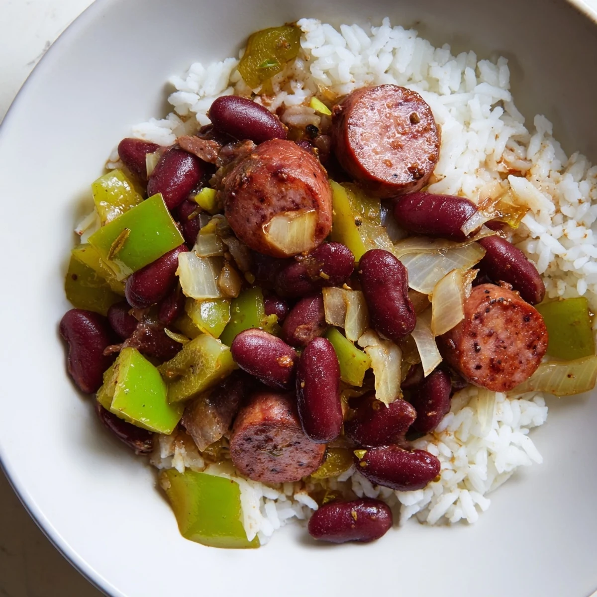 Smoky red beans and rice with beef sausage, ladled onto white rice and topped with fresh parsley for a Southern meal.