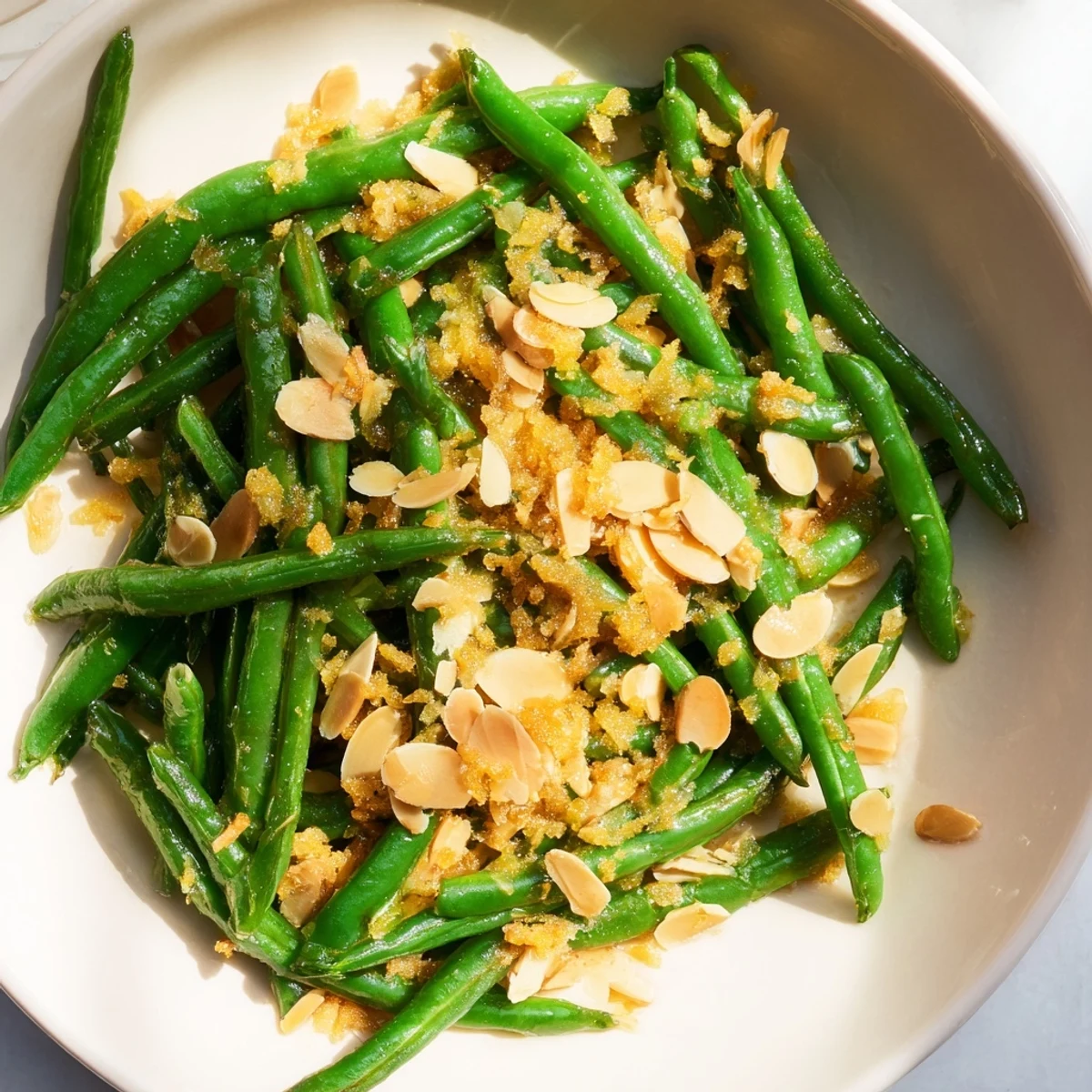 Freshly cooked Green Beans with Lemon and Toasted Almonds tossed with garlic butter, bright lemon zest, and crunchy sliced almonds served warm.