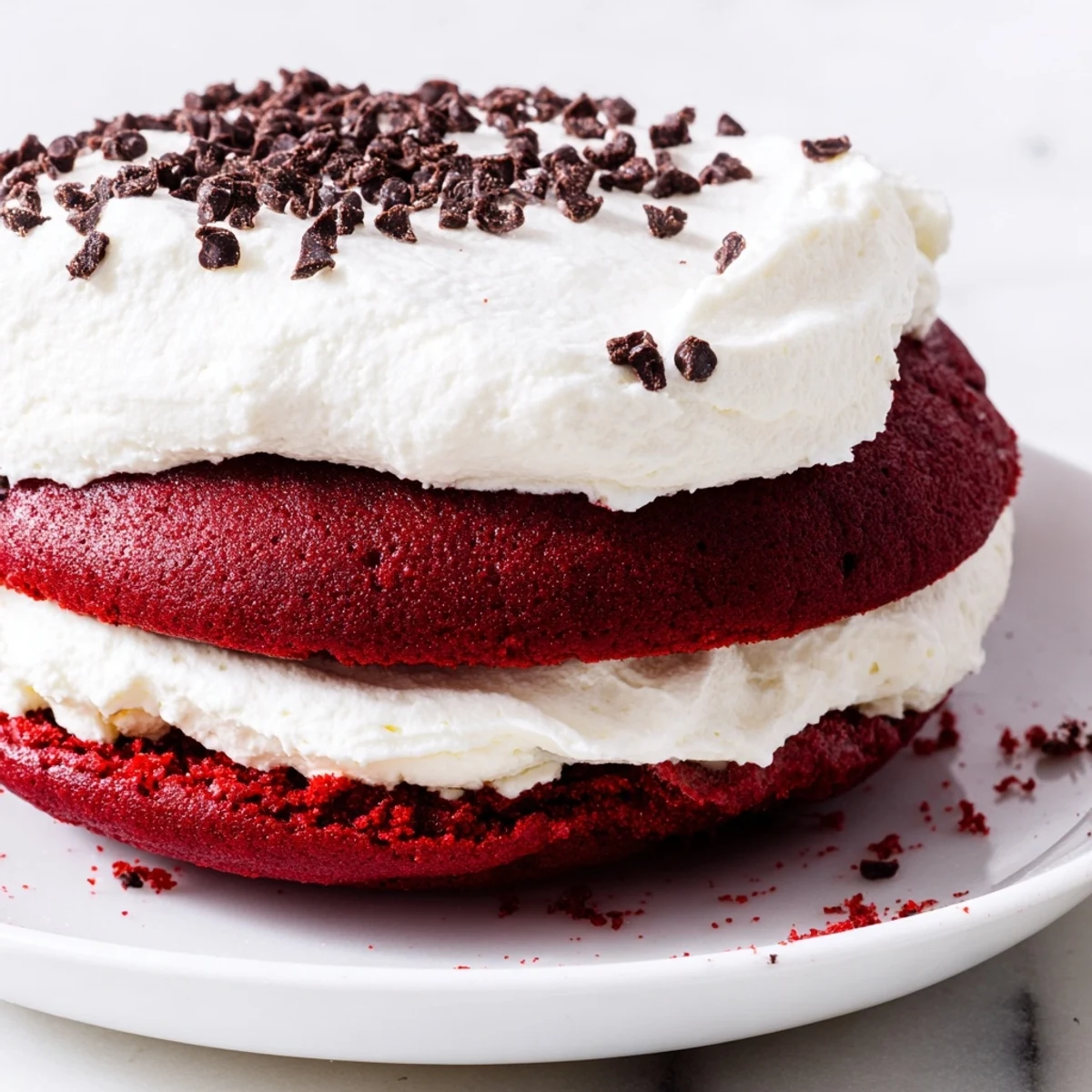 Two soft red velvet cakes are pressed together with a fluffy white marshmallow filling, perfect for a sweet dessert snack.