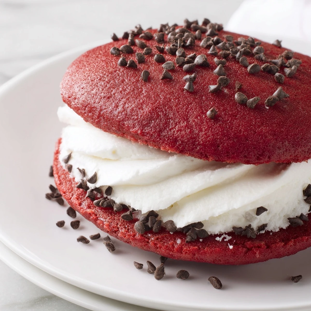 Freshly baked Red Velvet Whoopie Pies with marshmallow fluff filling sit on a rustic wooden table for serving.
