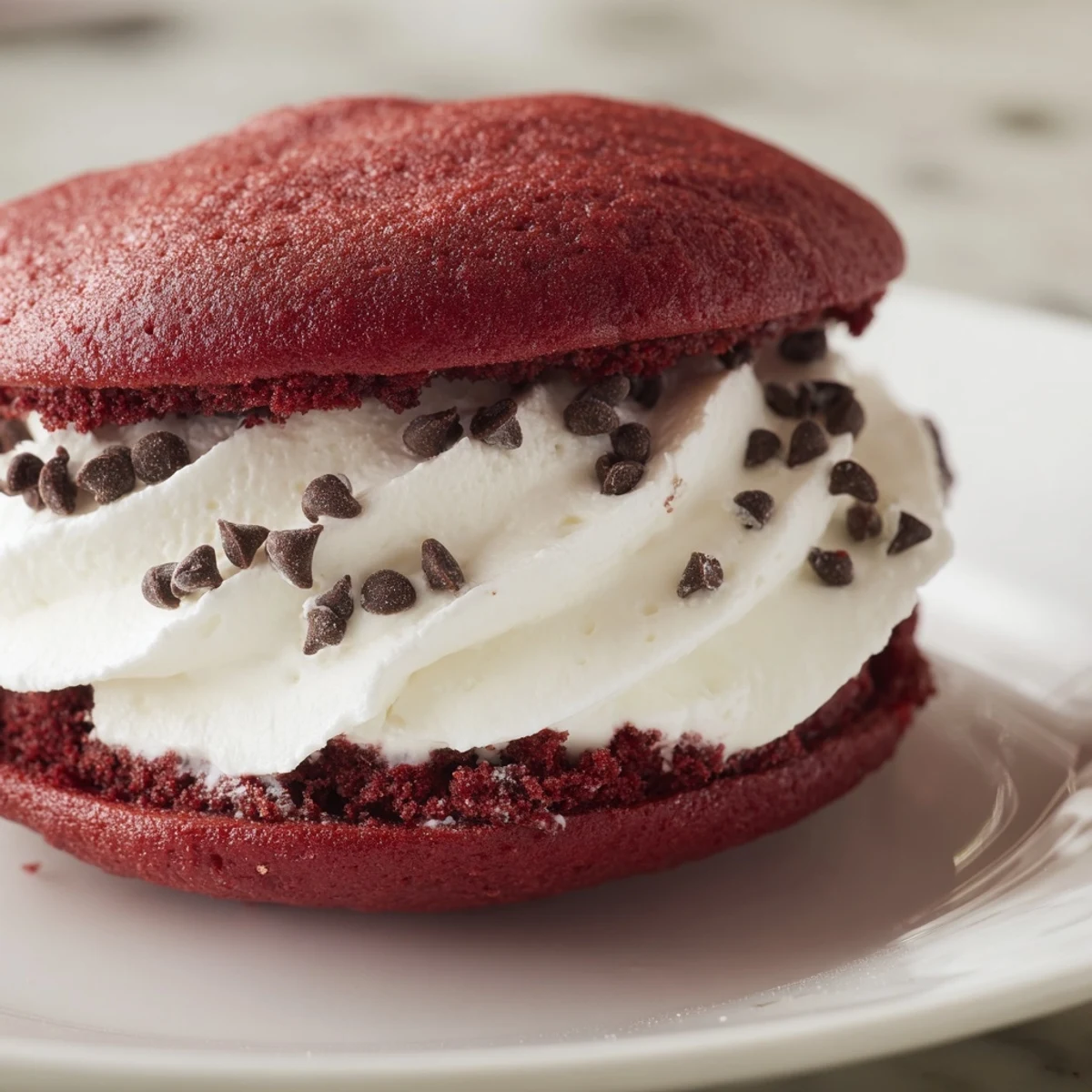 Decadent Red Velvet Whoopie Pies are stacked high, showing off their vibrant red color and sweet marshmallow cream center.