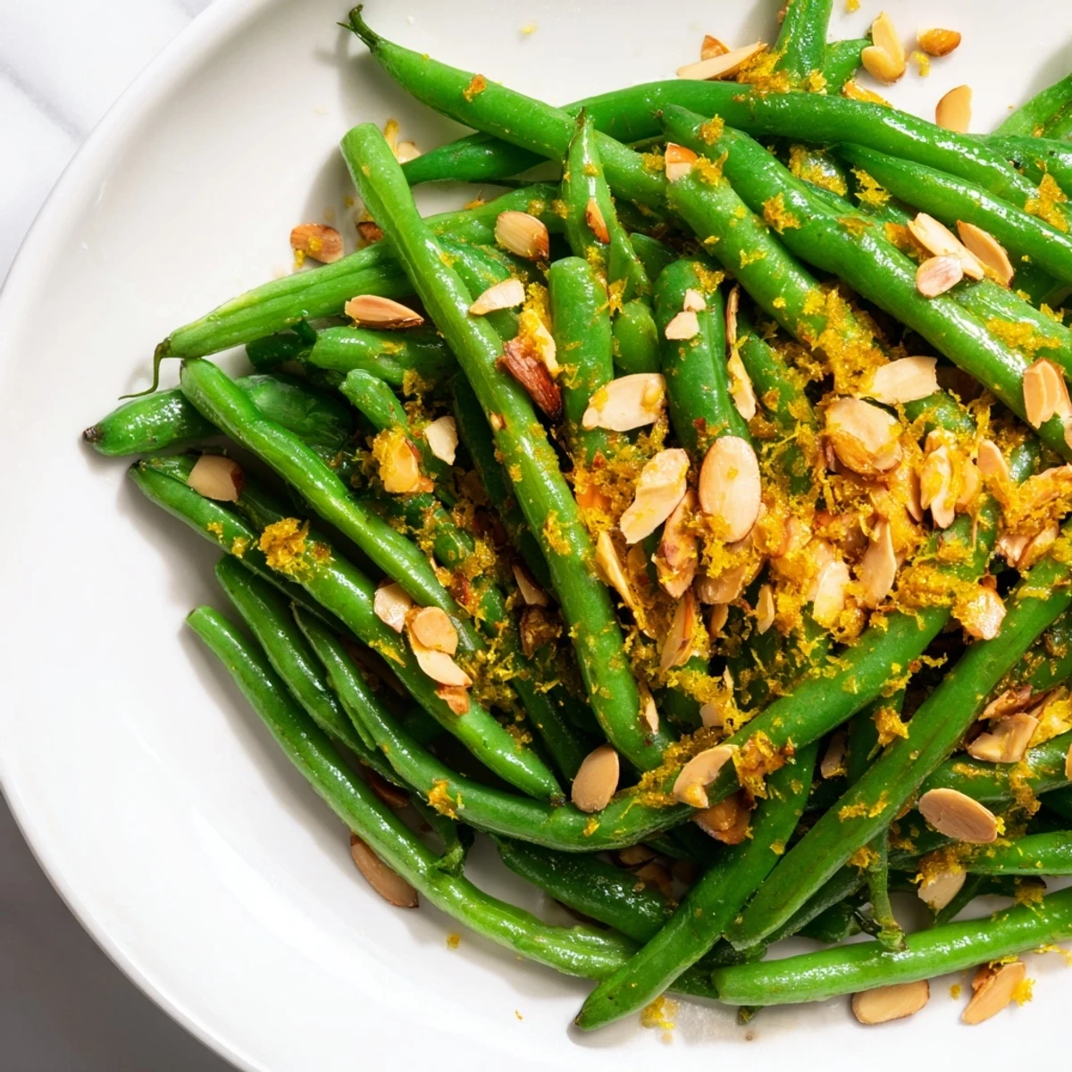 Bright green beans tossed with lemon and toasted almonds, served warm in a white bowl for an easy side dish.