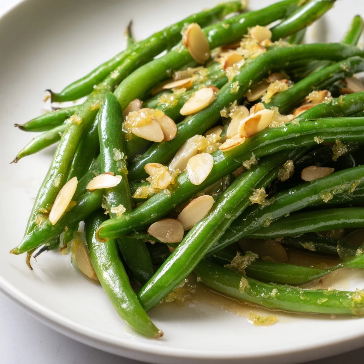 Crisp green beans with lemon and toasted almonds garnished with lemon slices, served alongside grilled chicken for a fresh side.