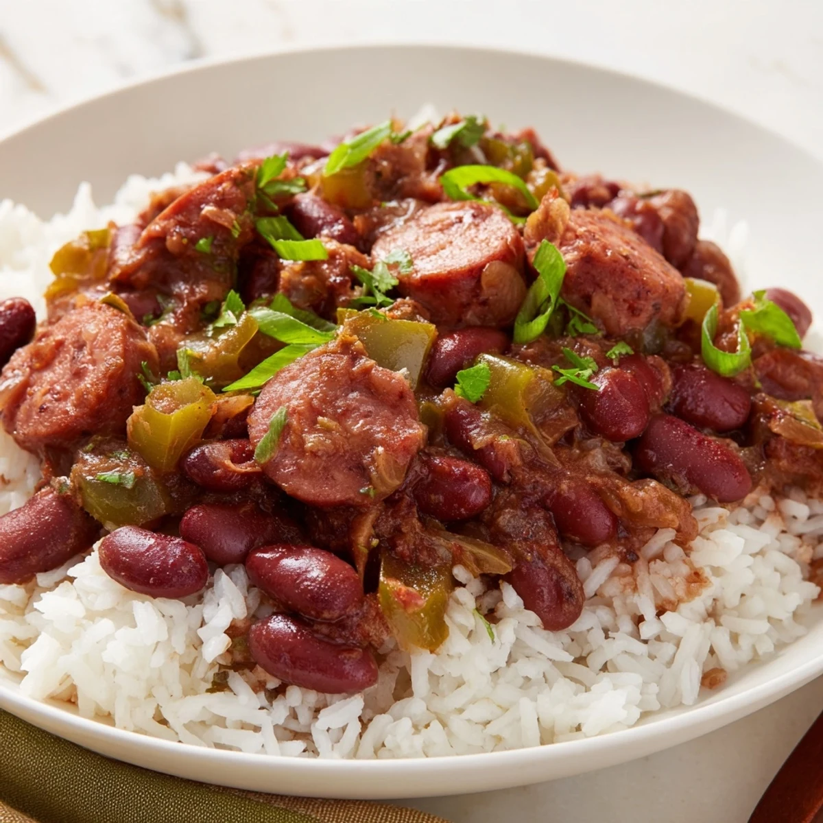 Creamy red beans and rice with beef sausage, served hot and garnished with fresh parsley and green onions.