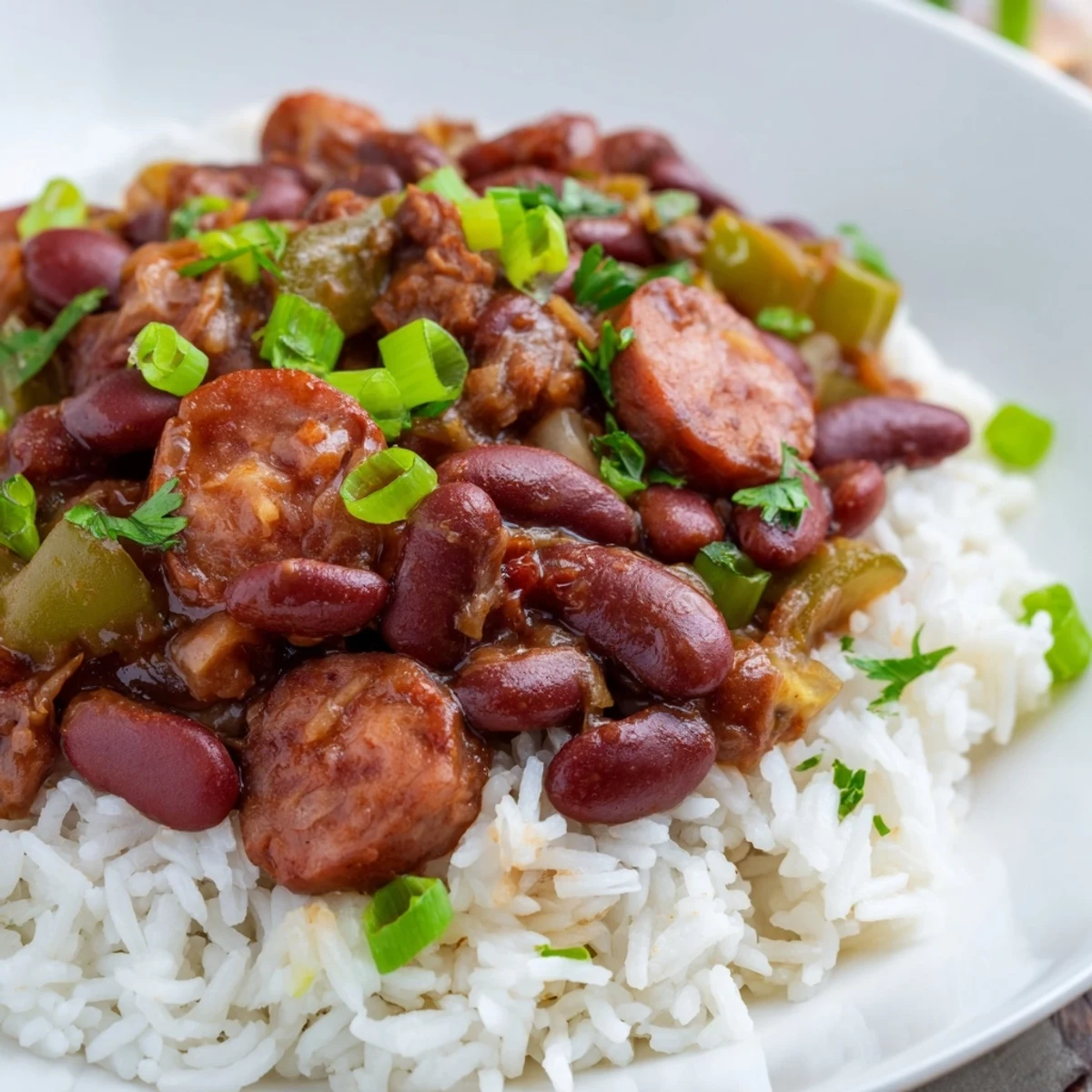Hearty Creole red beans and rice with beef sausage, simmered with spices and served over fluffy white rice.