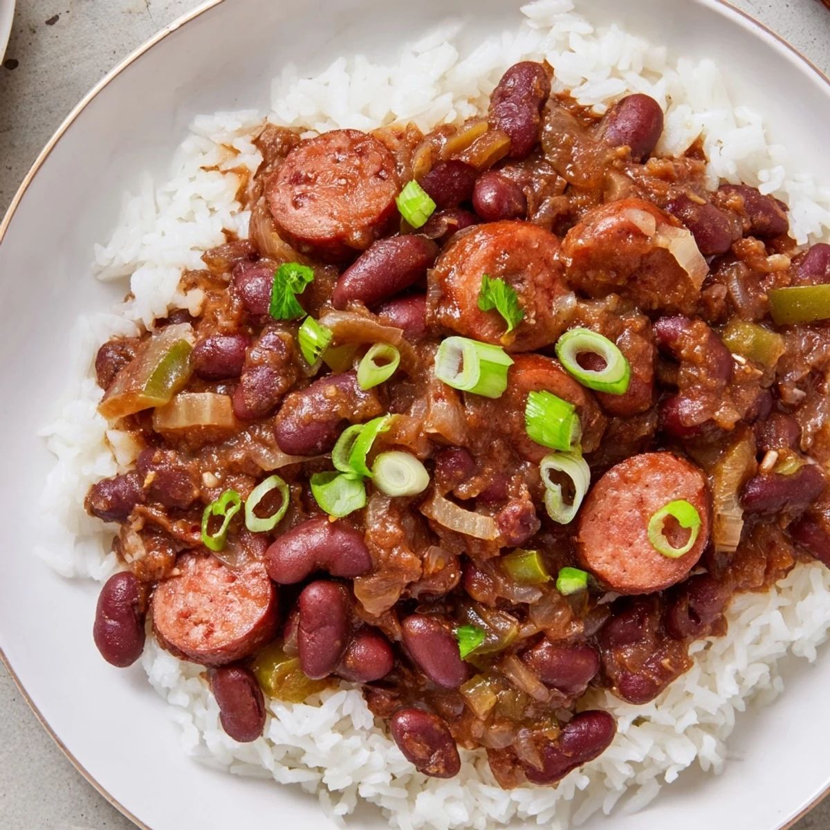 Steaming bowl of red beans and rice featuring sliced beef sausage and tender beans, perfect for a family meal.