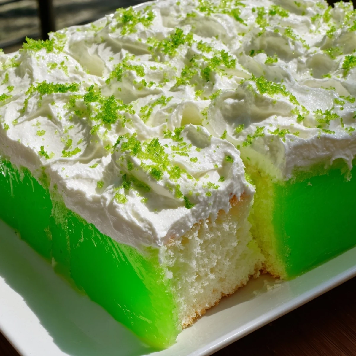 A vibrant lime poke cake with fluffy whipped topping and fresh lime zest garnish on a white plate.