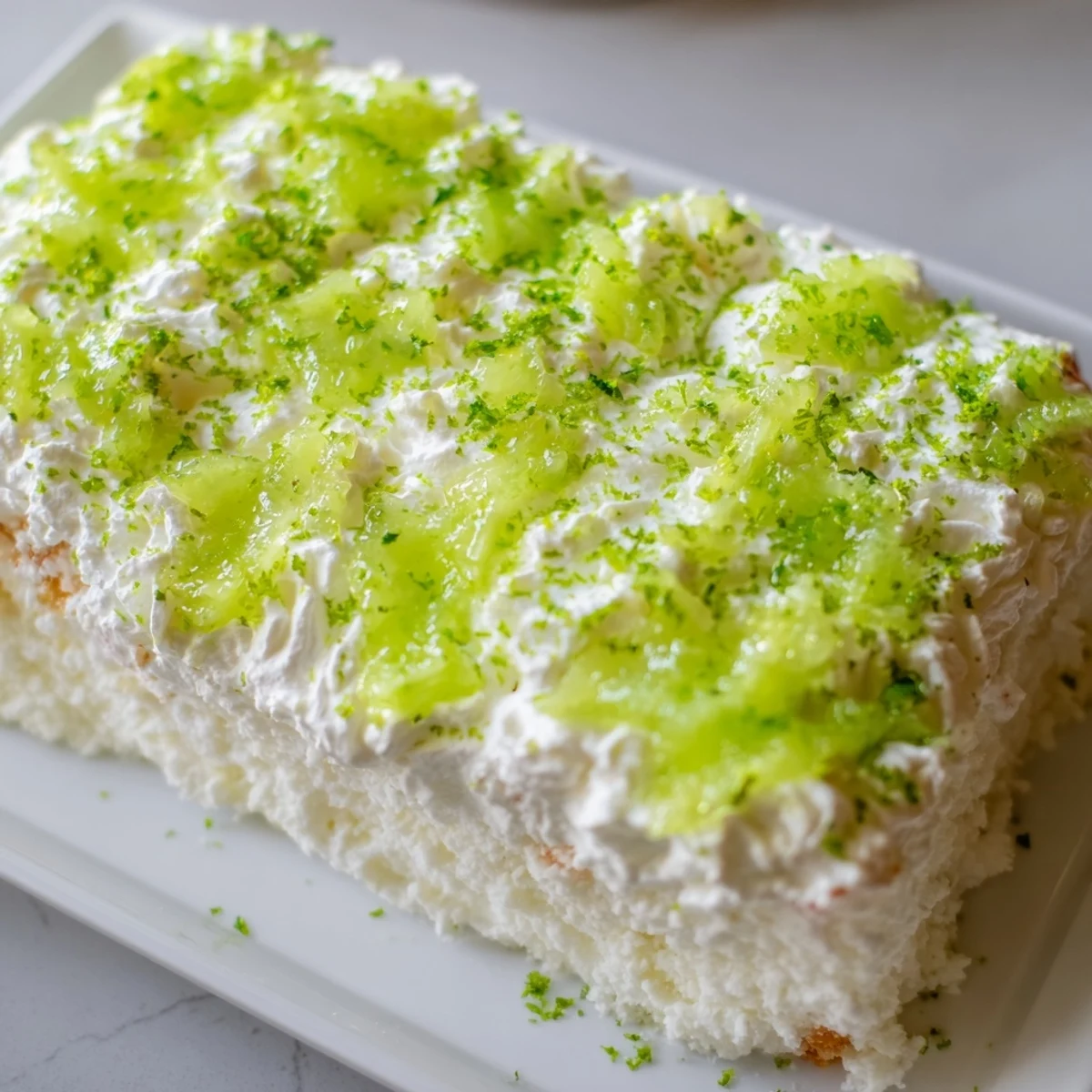 A slice of lime poke cake reveals moist crumb and vibrant green gelatin, garnished with lime slices.