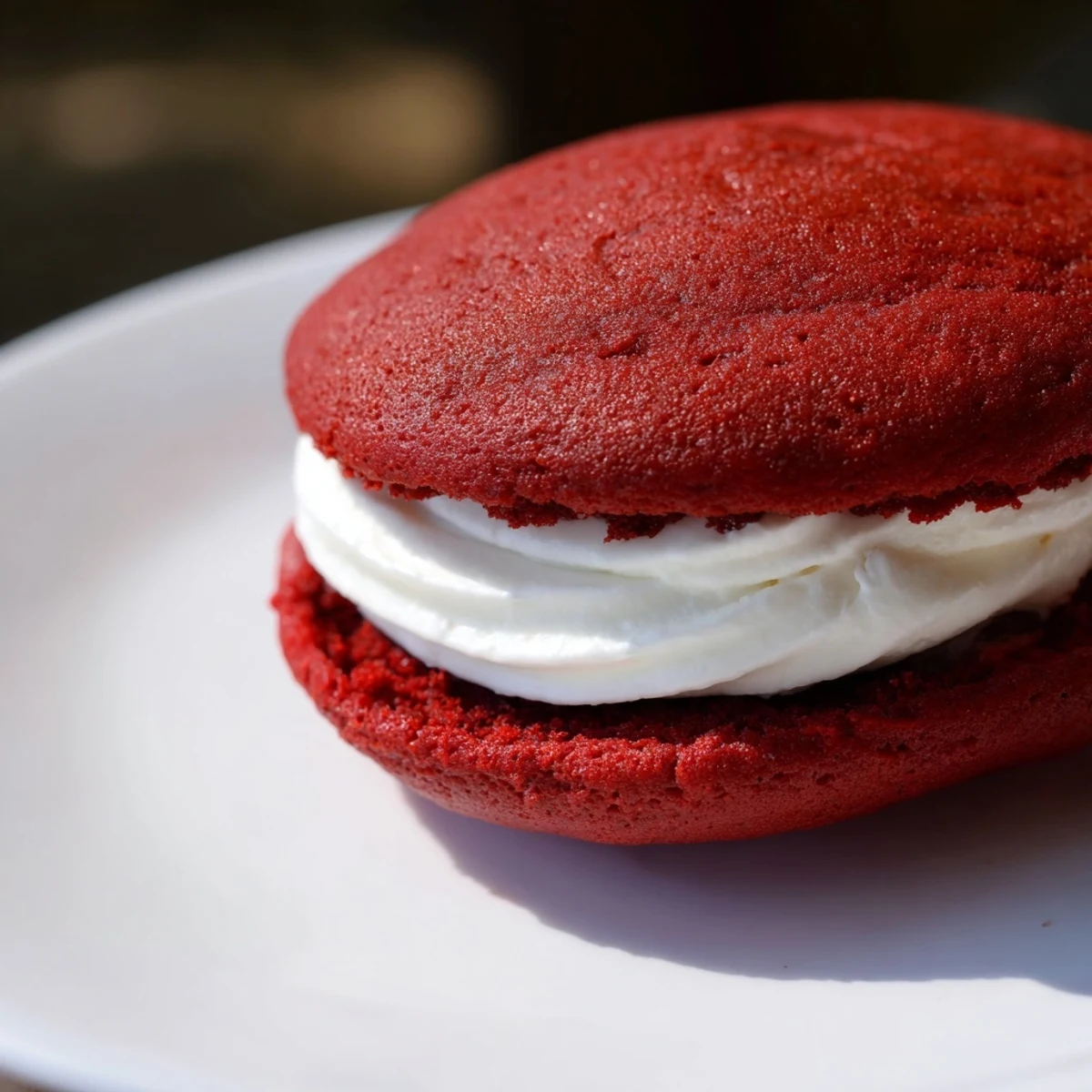 Homemade red velvet whoopie pies with moist cake-like cookies and a dollop of fluffy filling.