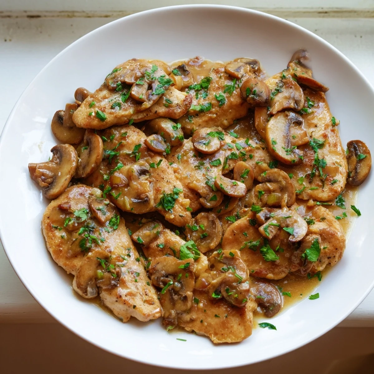 Golden-brown Chicken Marsala simmering in a rich mushroom and Marsala wine sauce, garnished with fresh parsley.