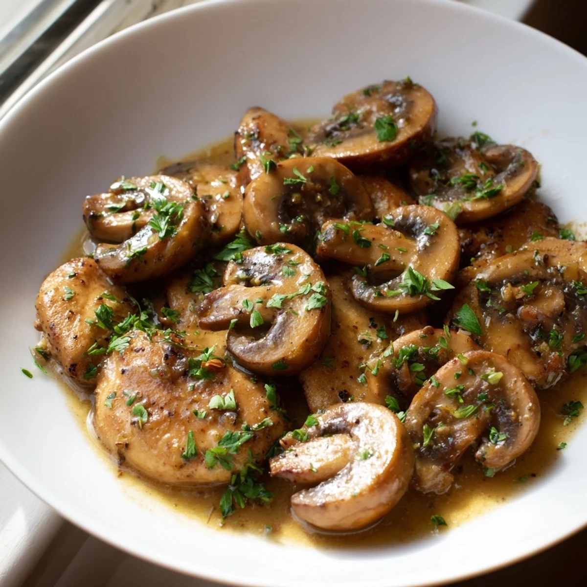 Tender breaded chicken breasts smothered in savory mushrooms and a glossy Marsala wine sauce, topped with parsley.