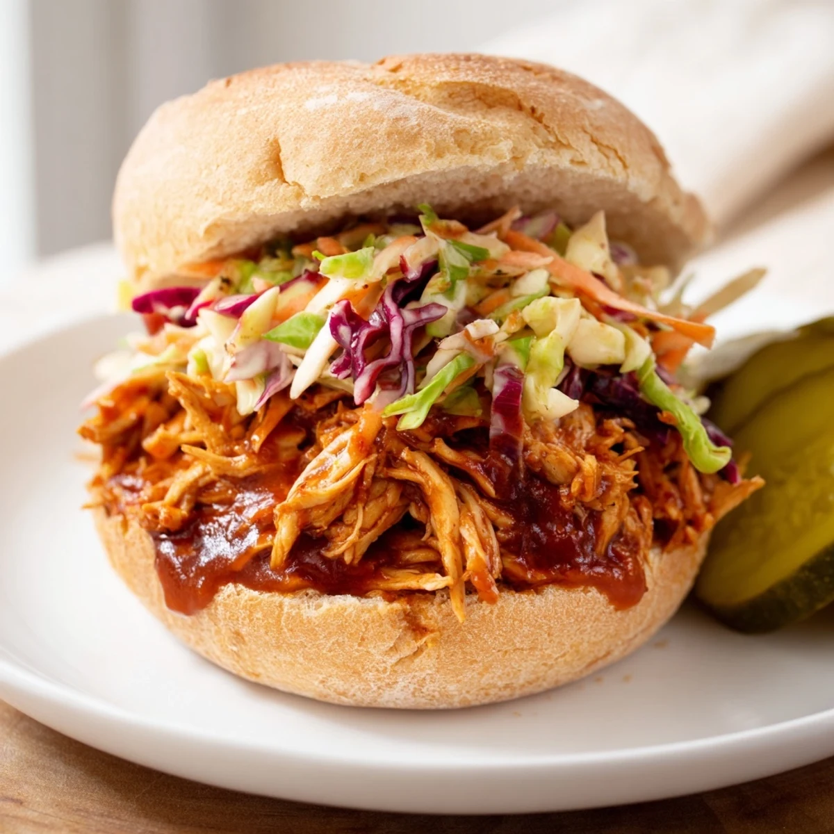 Golden brioche rolls stuffed with smoky pulled chicken, crunchy slaw, and tangy dill pickle slices.  