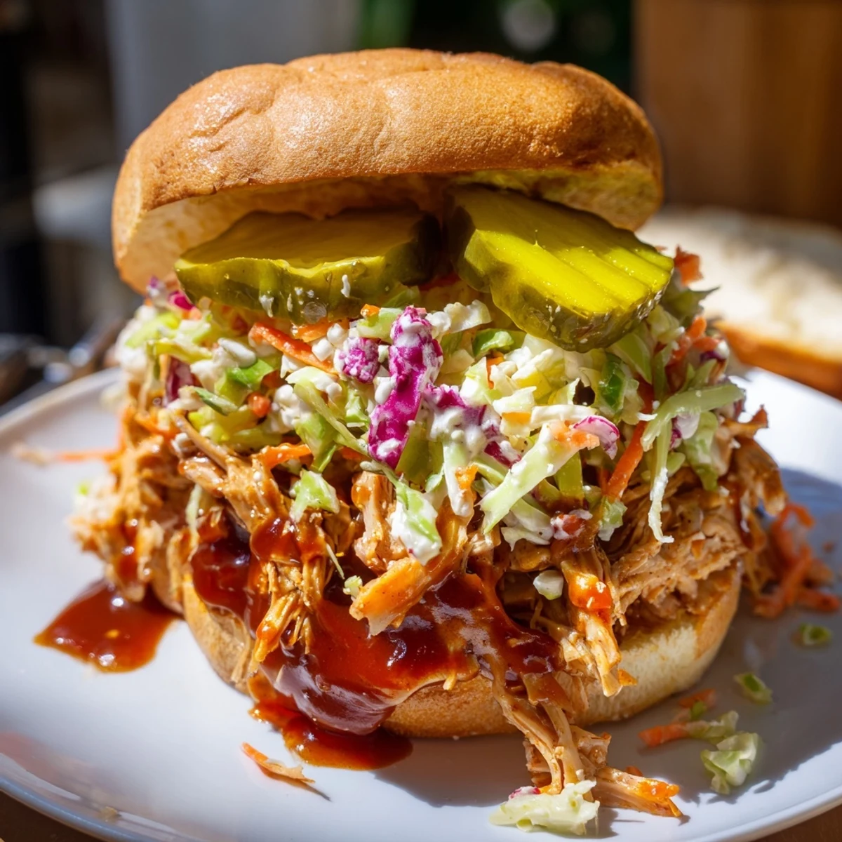 Tender pulled chicken sandwiches with slaw and pickles served on soft toasted buns for a hearty meal.  