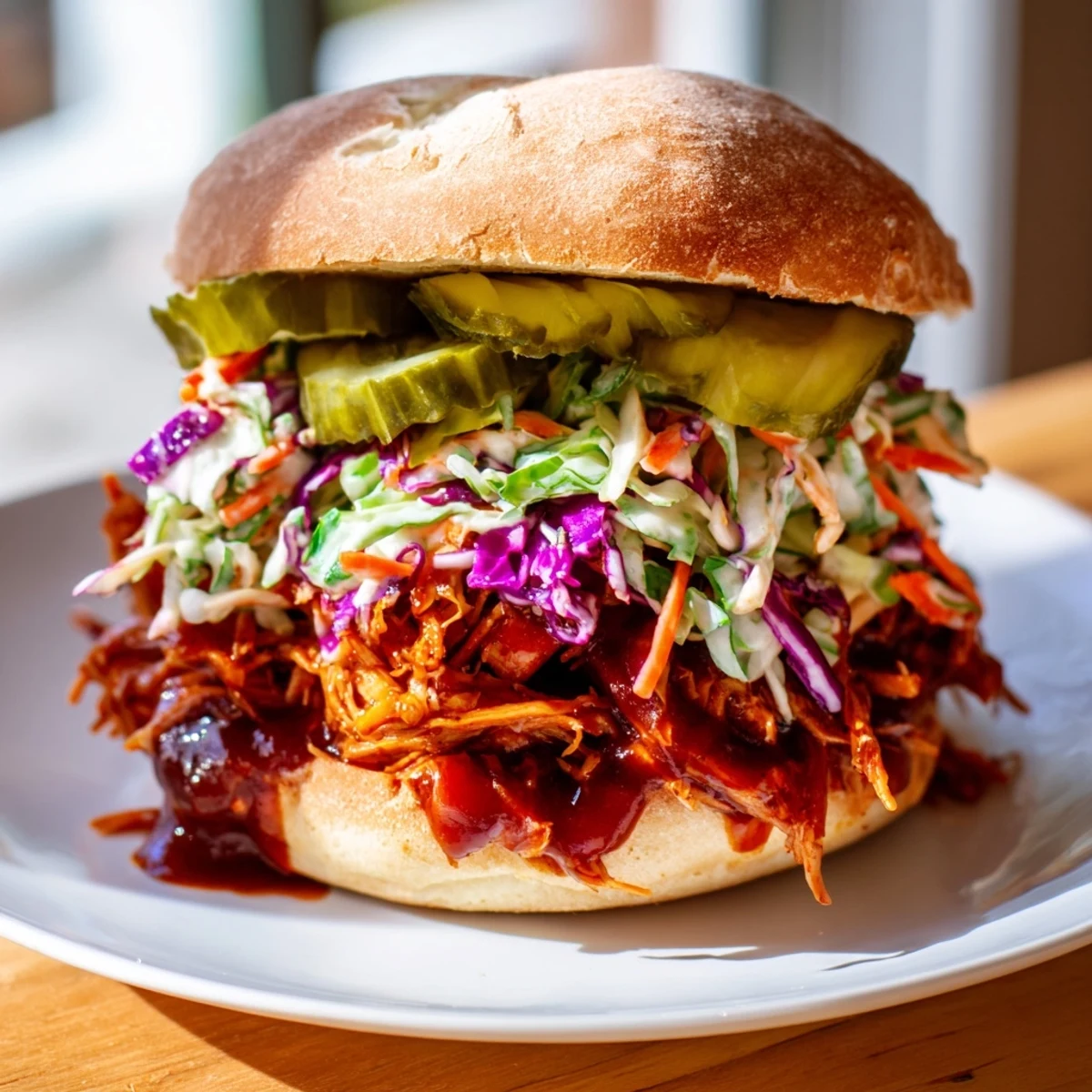 Classic American pulled chicken sandwiches topped with crisp slaw and pickles, ready for a backyard picnic.