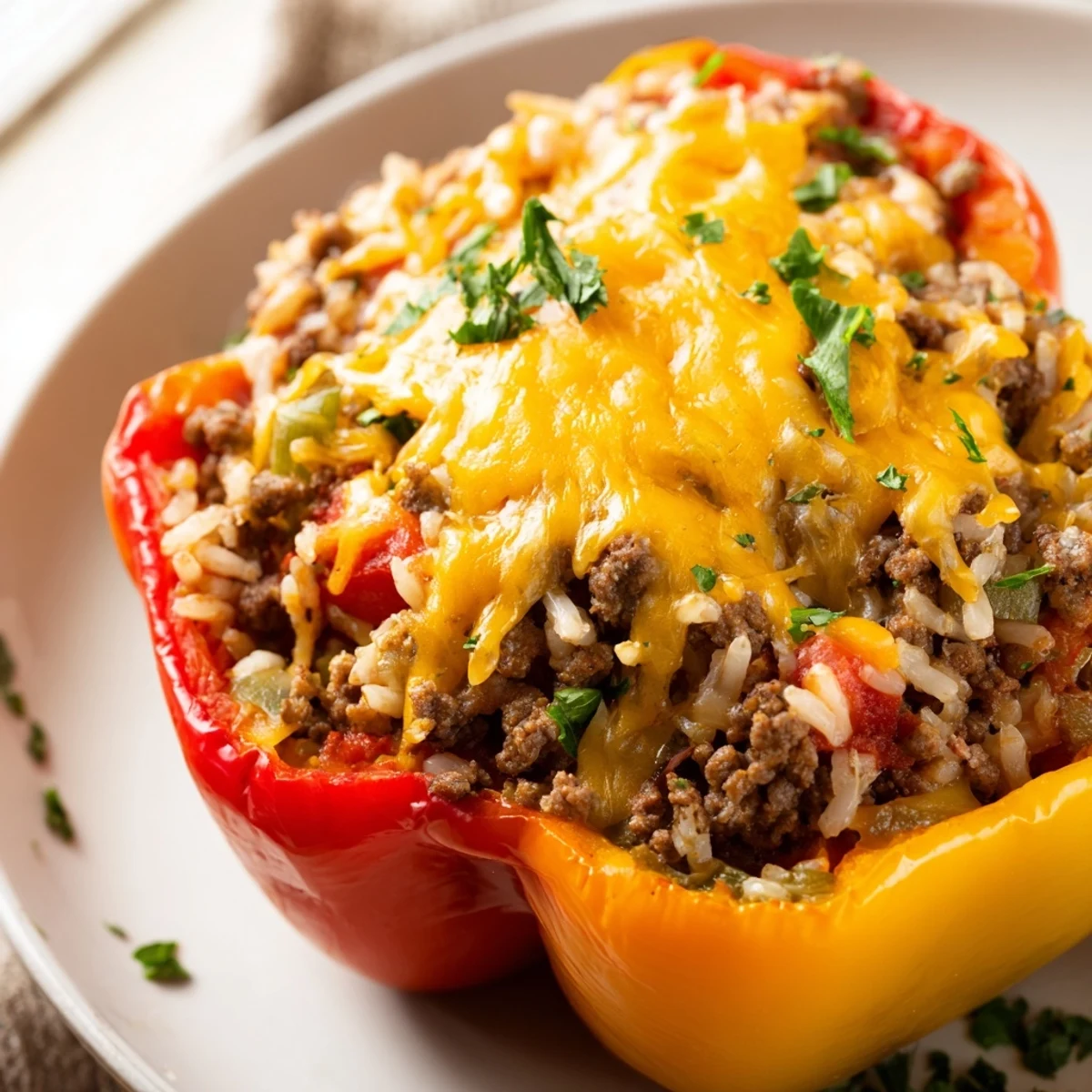 Golden-bell peppers stuffed with seasoned Creole beef and rice, baked with melted cheddar and a golden crust.