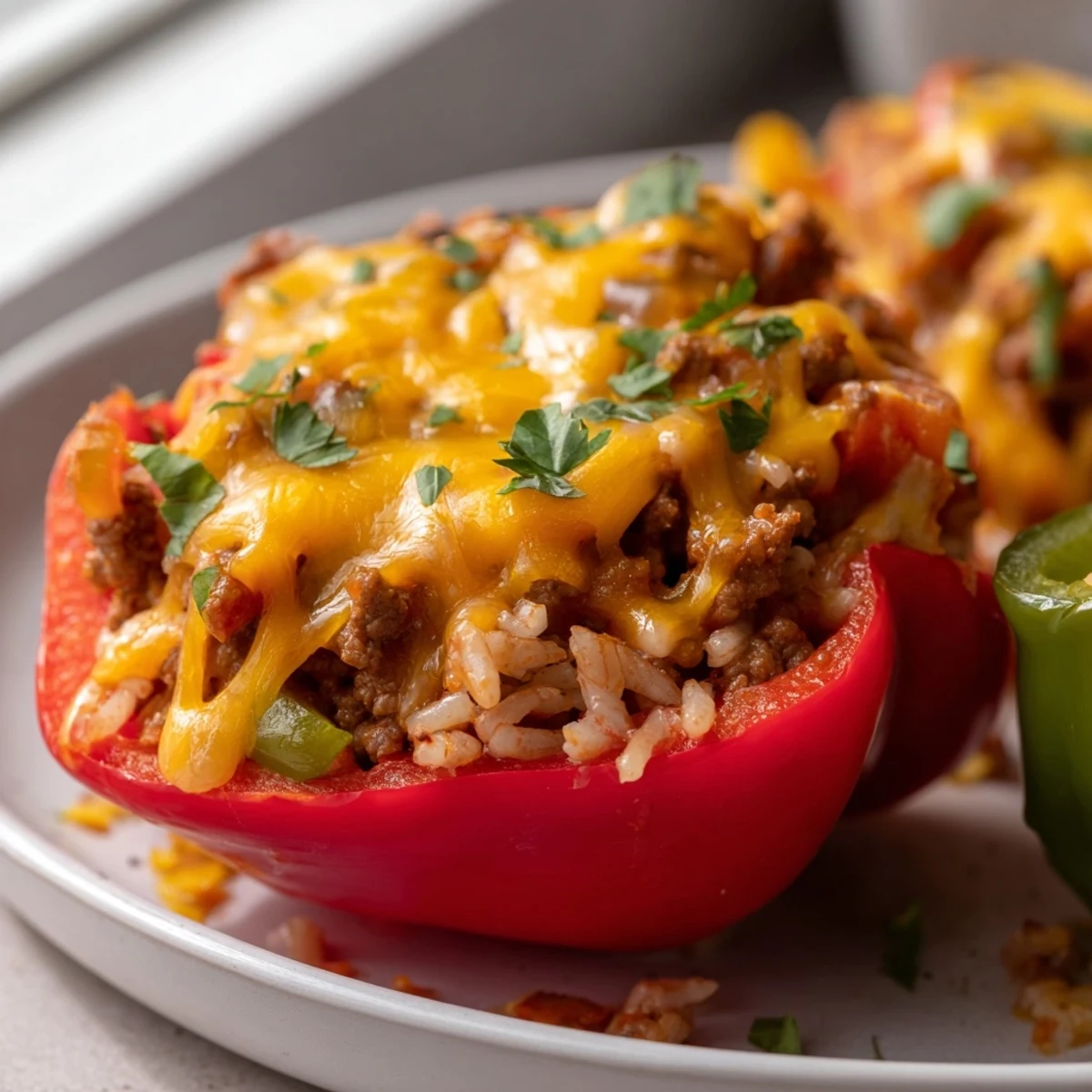 Vibrant baked Creole Stuffed Peppers with Rice and Beef, served hot beside a crisp mixed greens salad.