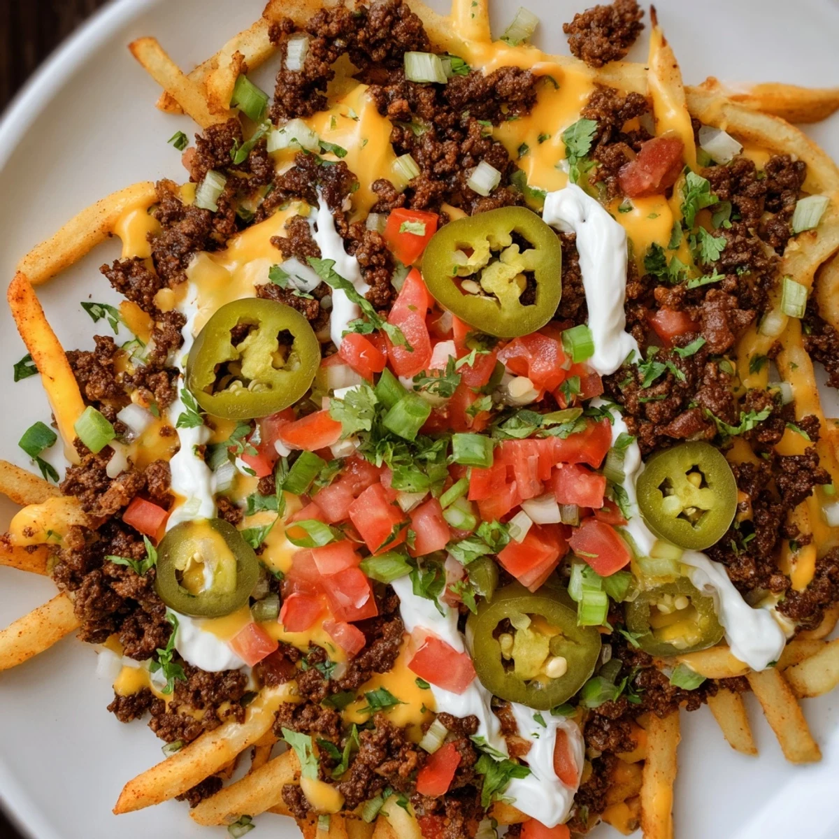 Golden, crispy Loaded Nacho Fries with Queso and Beef, generously topped with fresh tomatoes and jalapeños on a serving platter.