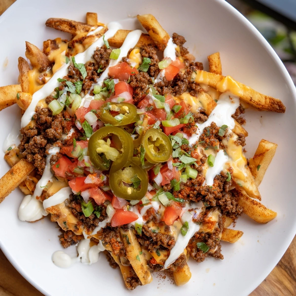 A close-up of warm Loaded Nacho Fries with Queso and Beef, featuring melted cheese sauce and seasoned ground beef.