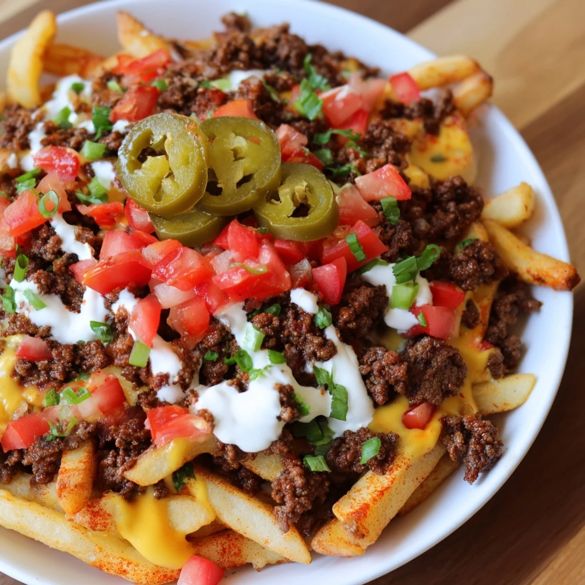 Perfect party platter of Loaded Nacho Fries with Queso and Beef, garnished with cilantro, sour cream, and colorful toppings.
