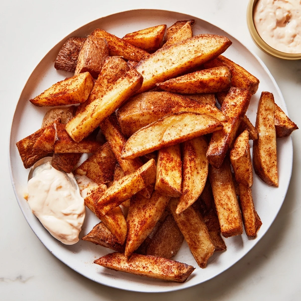 Spicy Cajun Spiced Fries with Remoulade Dip are arranged alongside grilled shrimp for a complete meal.