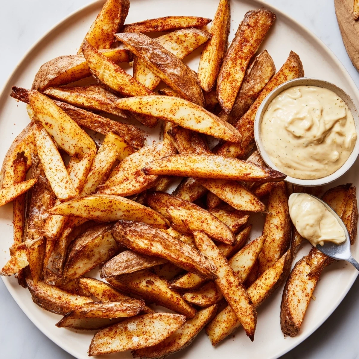 Golden-brown Cajun Spiced Fries with Remoulade Dip are stacked high, dusted with paprika and herbs.