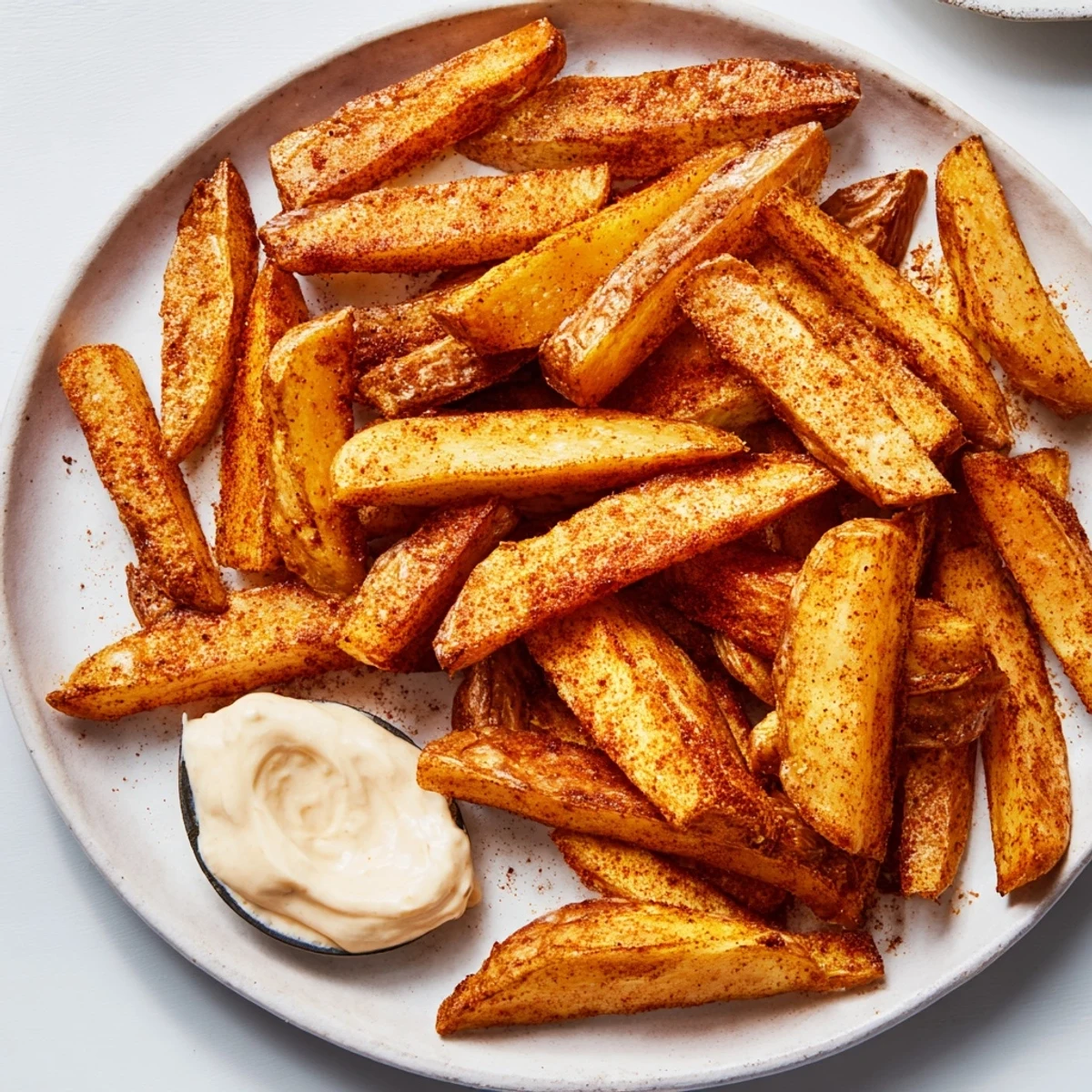 A bowl of seasoned Cajun Spiced Fries with Remoulade Dip features a creamy, tangy sauce for dipping.