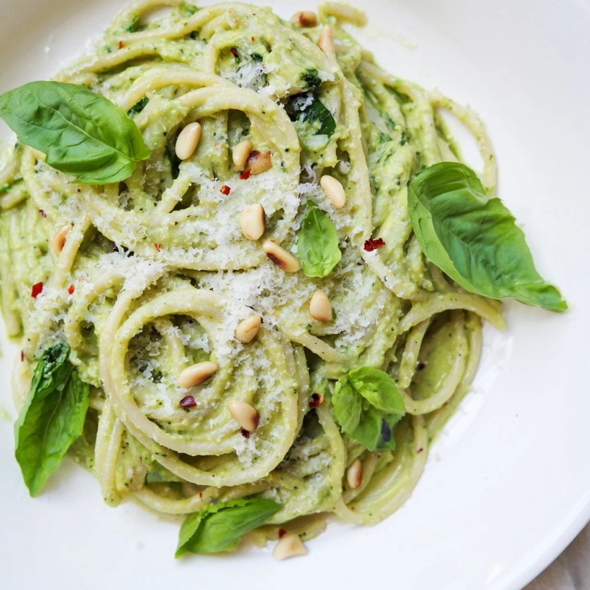 Freshly blended avocado and spinach sauce coats al dente spaghetti, ready to be served with a sprinkle of Parmesan and pine nuts.