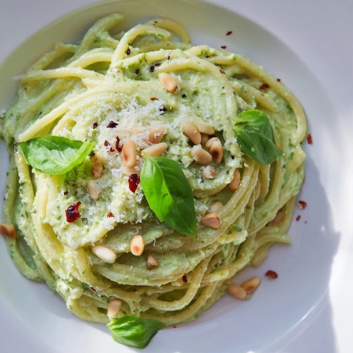 Vibrant bowl of creamy avocado and spinach pasta, garnished with basil, Parmesan, and toasted pine nuts, ideal for a quick vegetarian dinner.