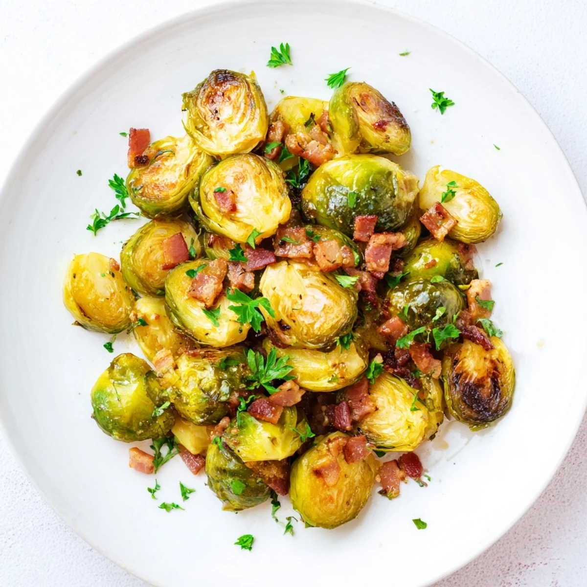 Roasted Brussels Sprouts with Beef Bacon glisten with olive oil, topped with crispy, diced beef bacon for a savory side dish.