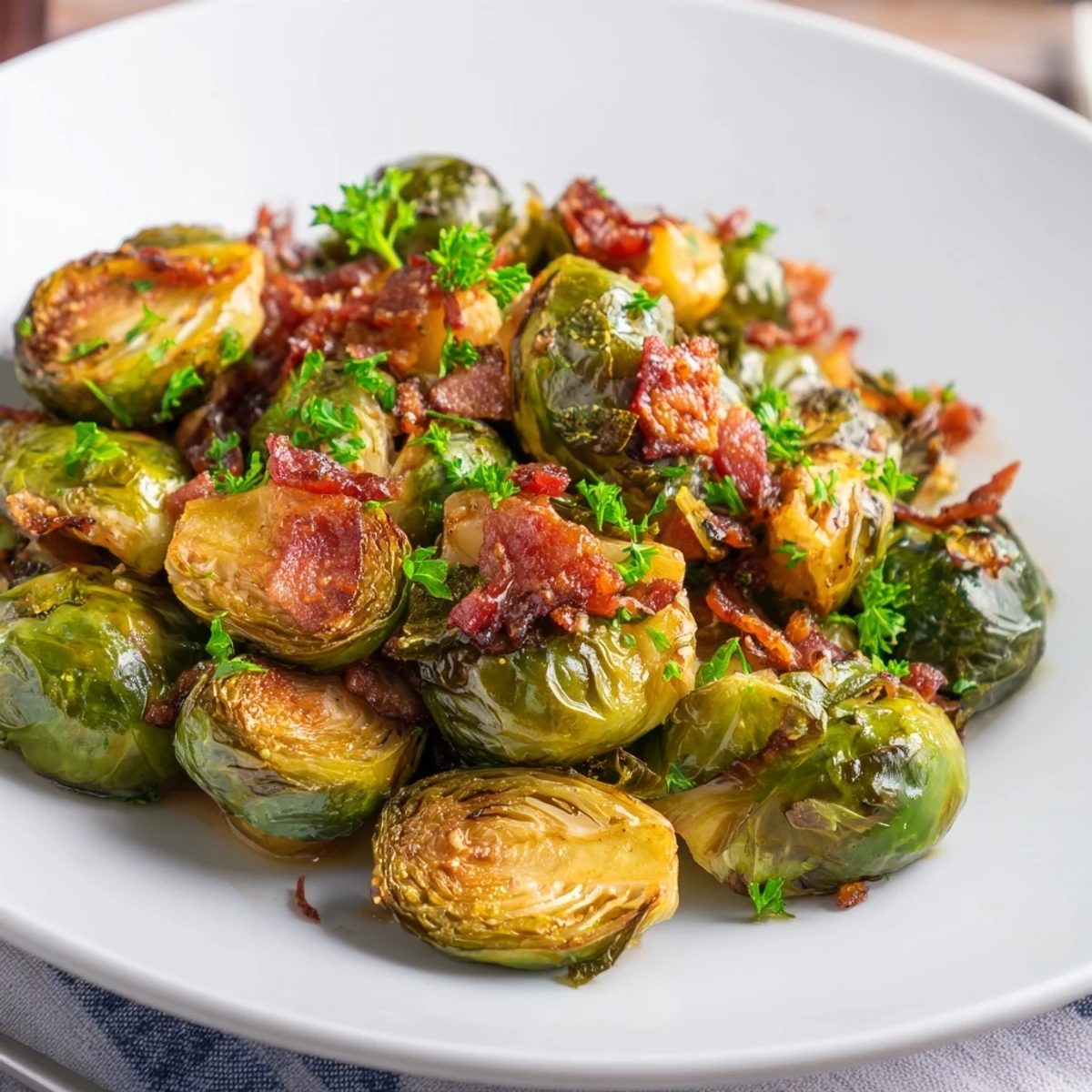 Freshly roasted Brussels Sprouts with Beef Bacon are paired with parsley and Parmesan, offering a warm, flavorful appetizer or side.