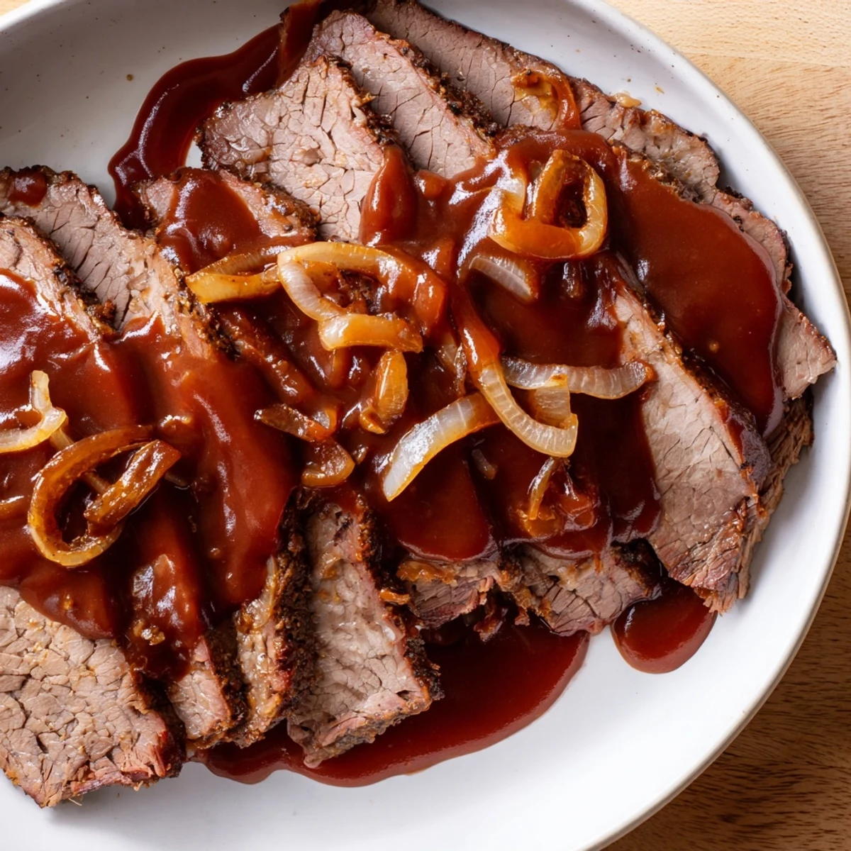 Serve Slow Cooked Beef Brisket with BBQ Sauce alongside coleslaw and pickles for a classic American comfort food presentation.