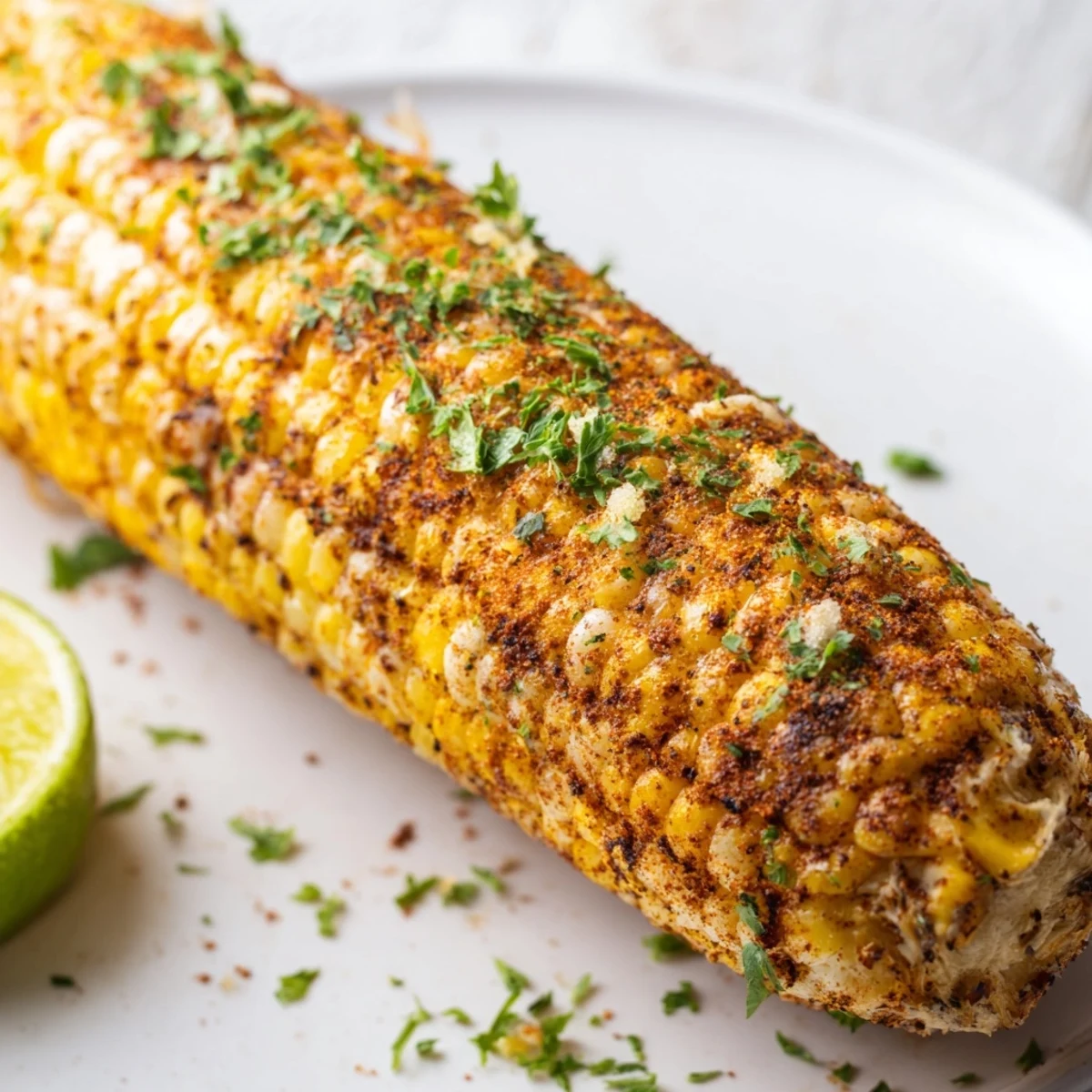 Freshly baked Cajun Spiced Roasted Corn on the cob, showcasing a tender kernel texture and bold, spicy Cajun seasoning, perfect as a vegetarian, gluten-free Southern snack.