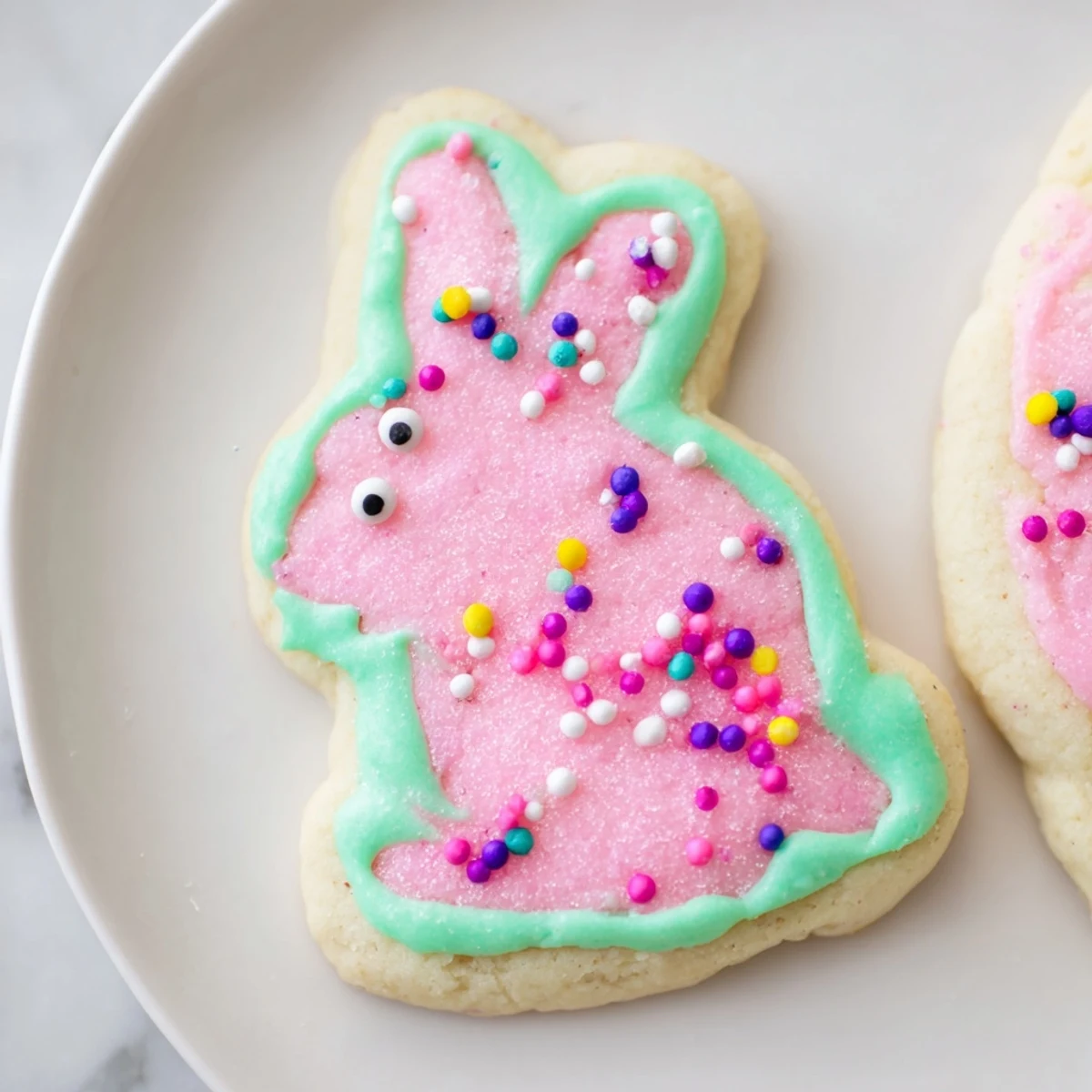 Pastel icing and colorful sprinkles adorn these festive Easter Bunny Sugar Cookies on a platter.  