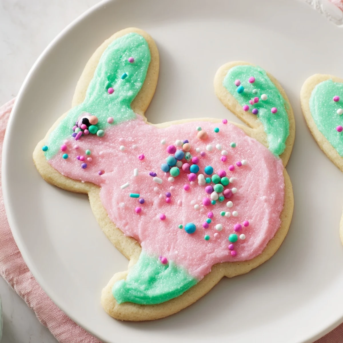 A close-up of buttery Easter Bunny Sugar Cookies with candy eyes and whimsical bunny shapes.  