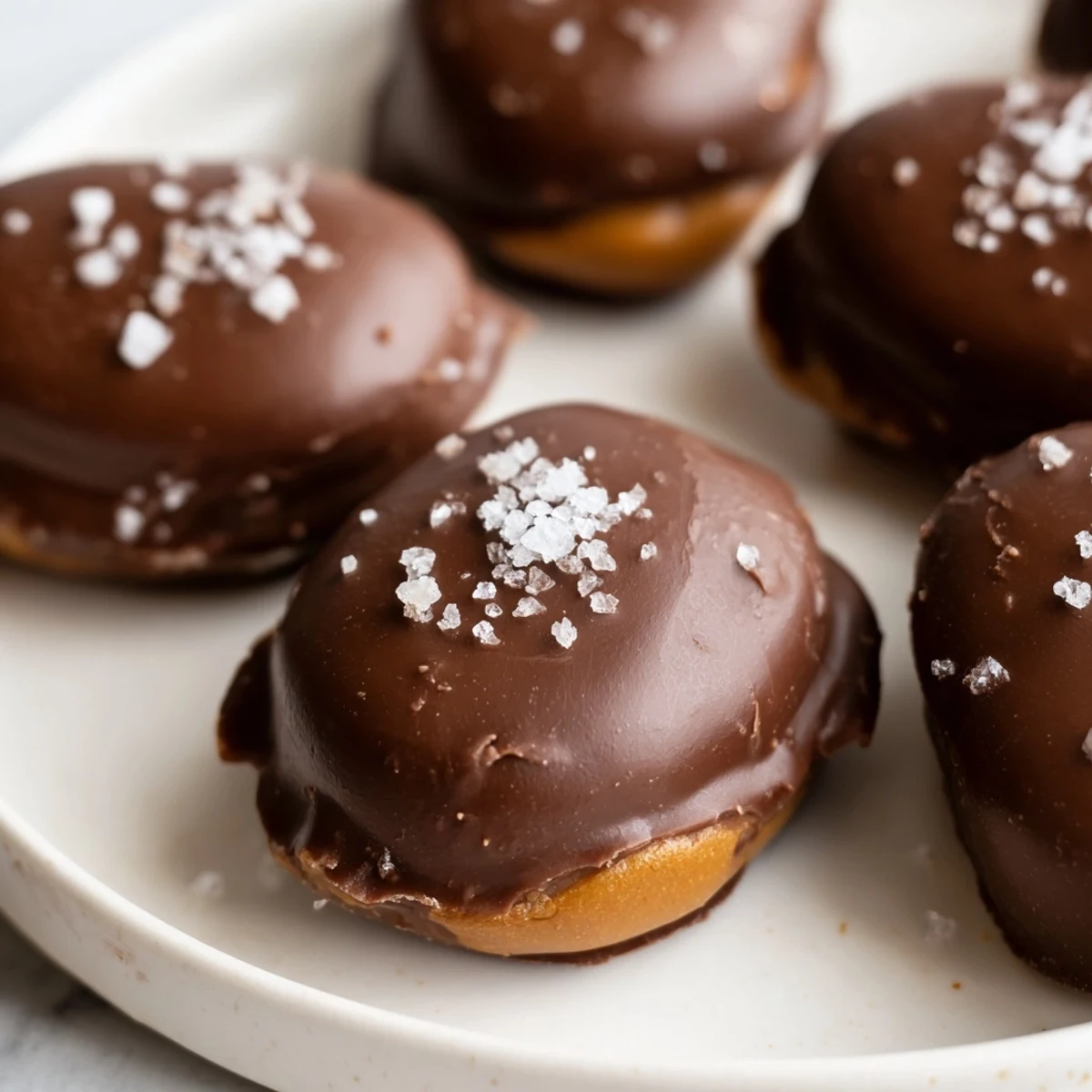 A close-up of homemade chocolate peanut butter eggs on a pastel plate, their glossy shells glistening under soft light.