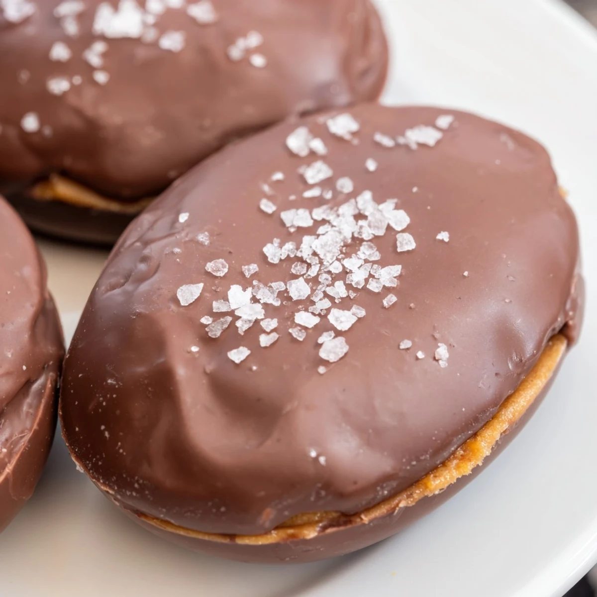 Stack of chocolate peanut butter eggs on a white ceramic plate, garnished with a sprinkle of sea salt, showcasing their rich texture.