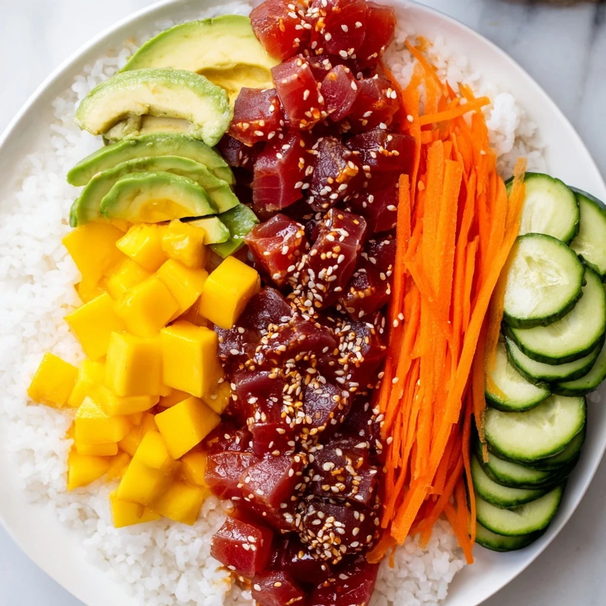 Vibrant Spicy Tuna Poke Bowl with mango, avocado, and crisp veggies on a bed of seasoned sushi rice.
