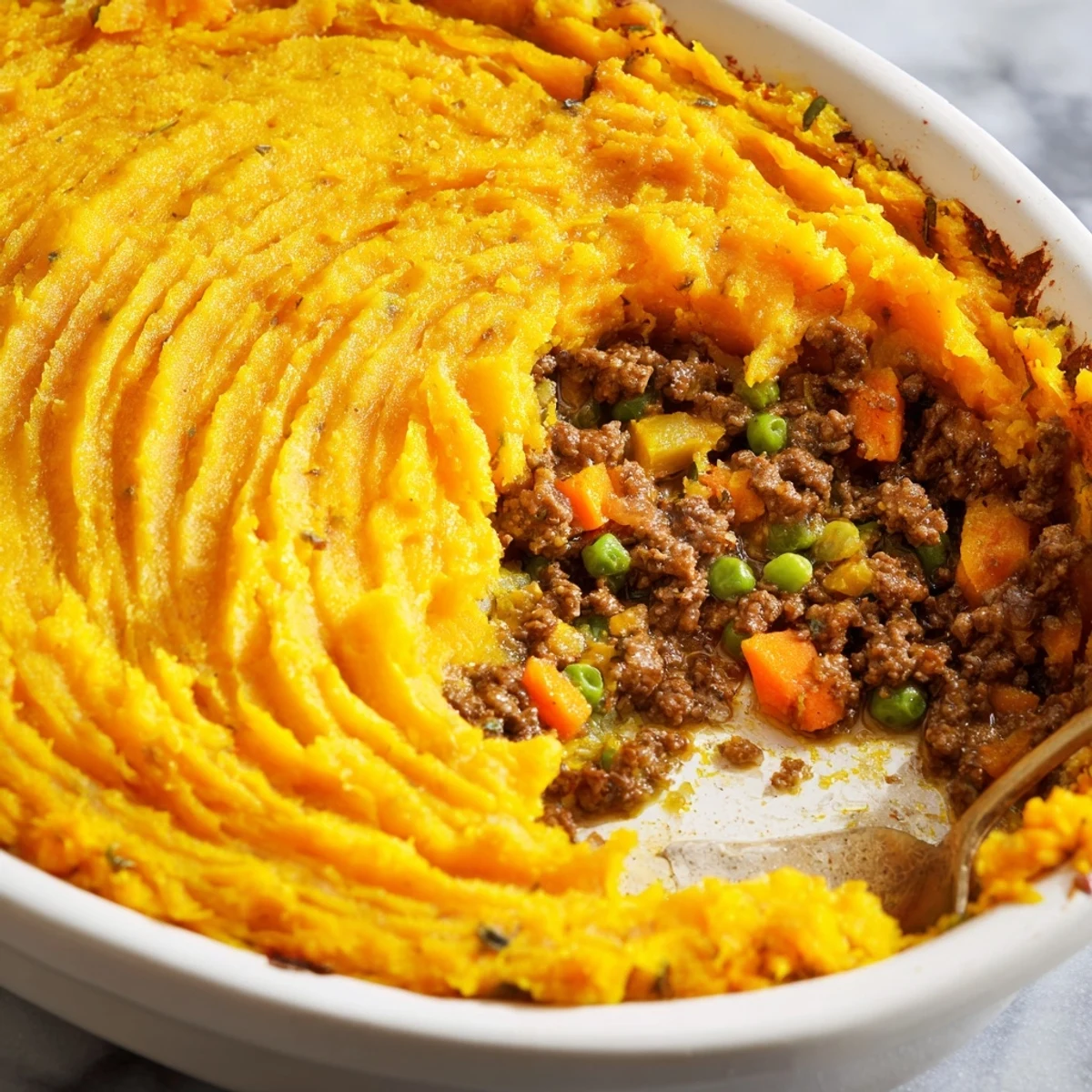 Golden-brown ridges on creamy sweet potato mash top a bubbling savory beef and vegetable filling in a casserole dish.