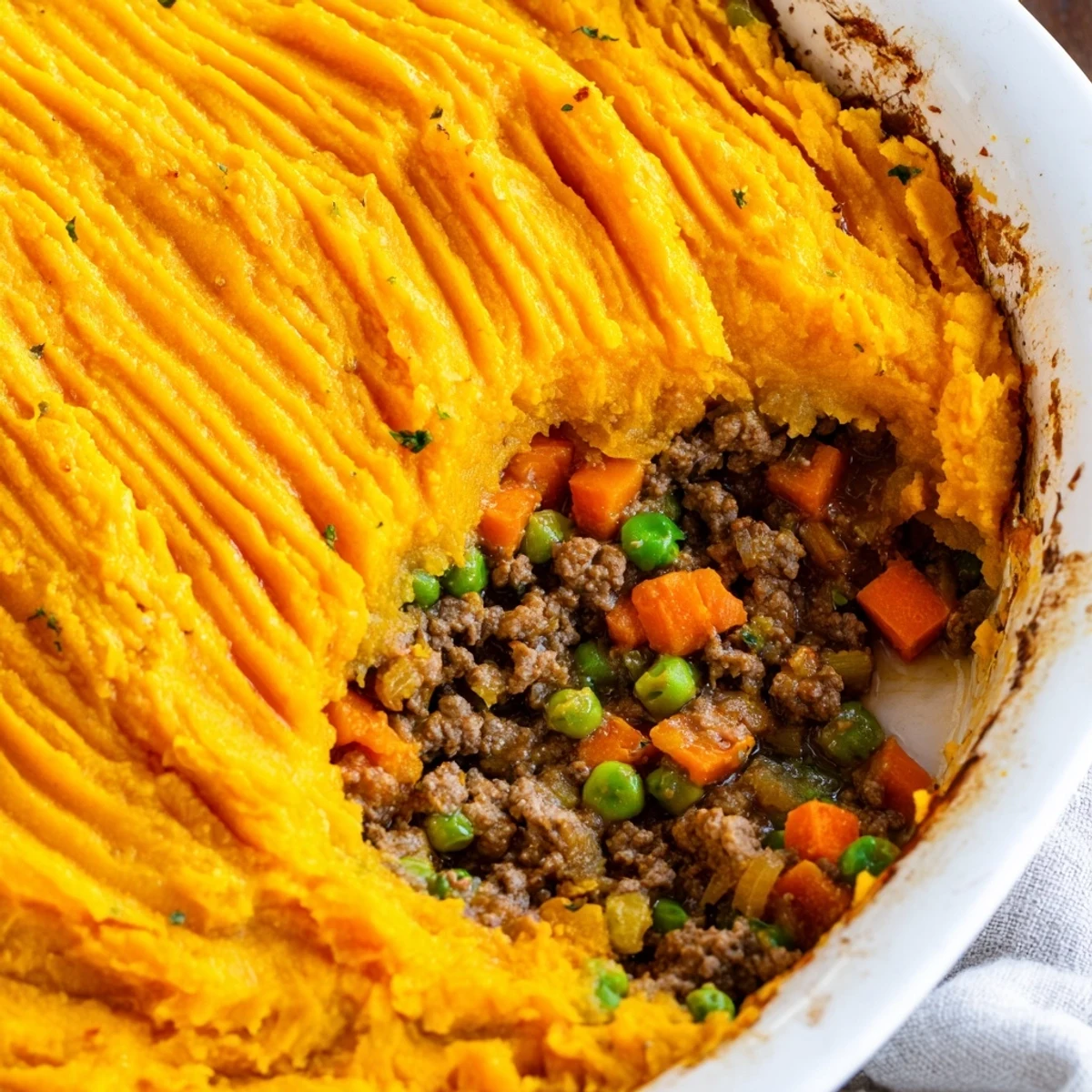 This recipe features a hearty ground beef layer and a golden sweet potato crust, ideal for a cozy meal.