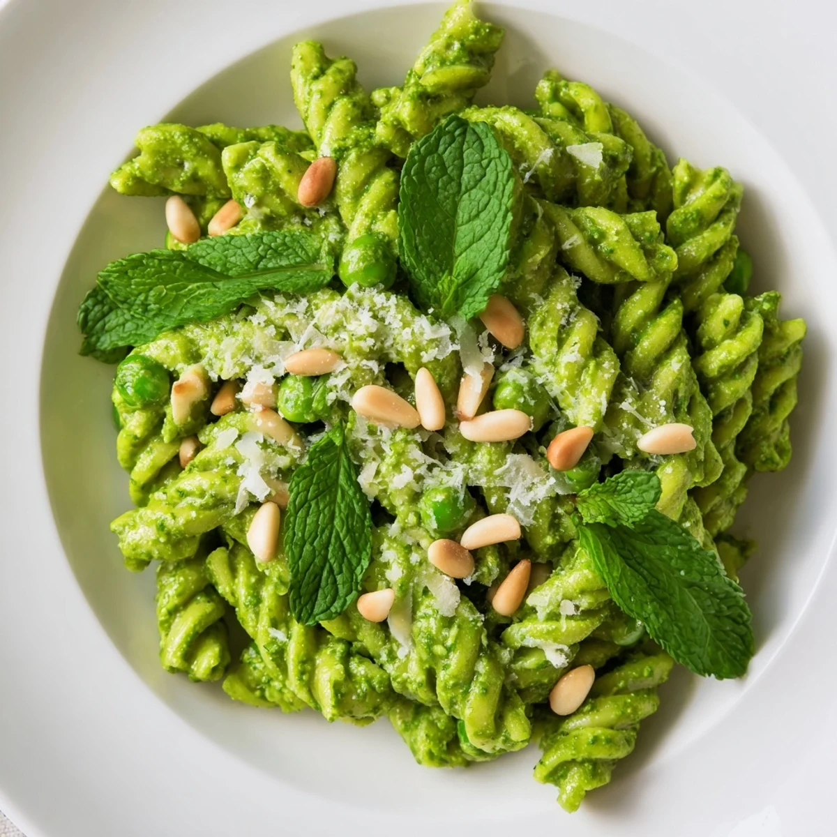 Vibrant Spring Pea and Mint Pesto Pasta tossed in a creamy, herbaceous sauce, garnished with fresh mint leaves and a sprinkle of Parmesan for a bright spring meal.