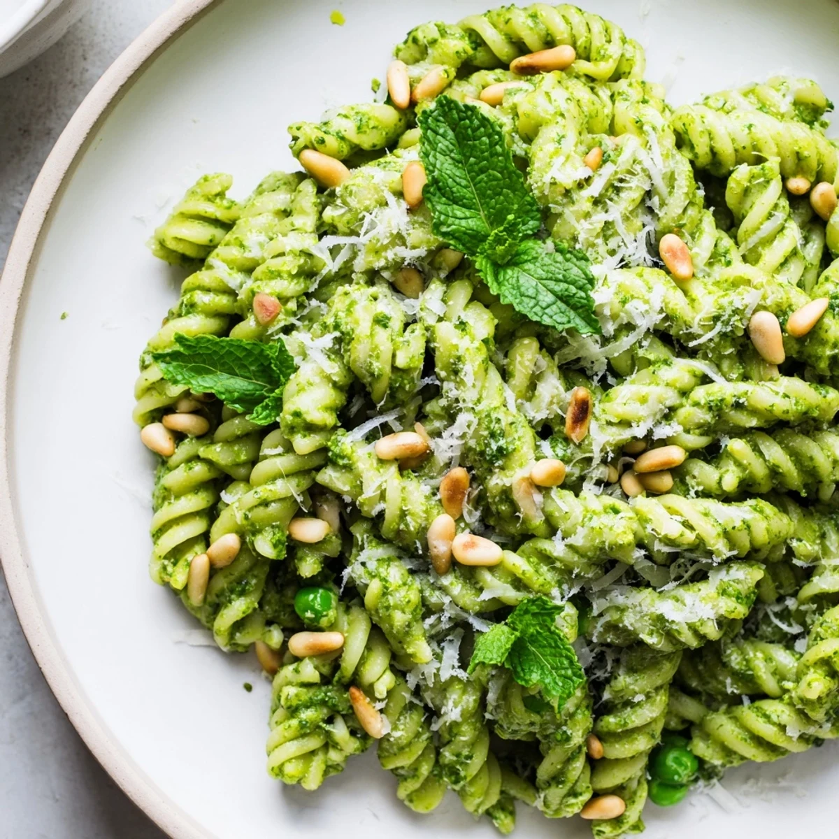 Close-up of Spring Pea and Mint Pesto Pasta, with al dente fusilli coated in a vivid green sauce and topped with toasted pine nuts and lemon zest.